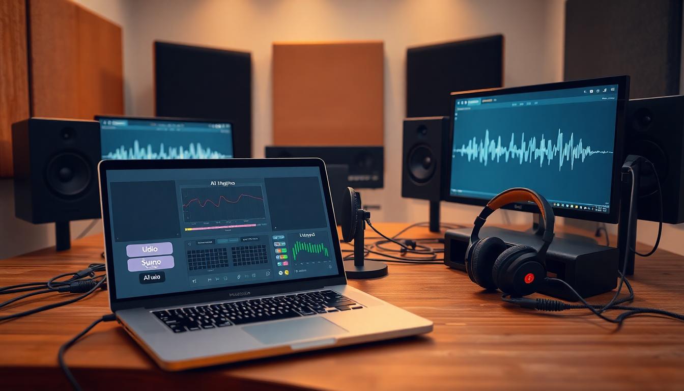 Modern content creator desk with laptop showing Udio and Suno interfaces, microphone, headphones, and waveforms, creative studio vibe. Image created with AI.
