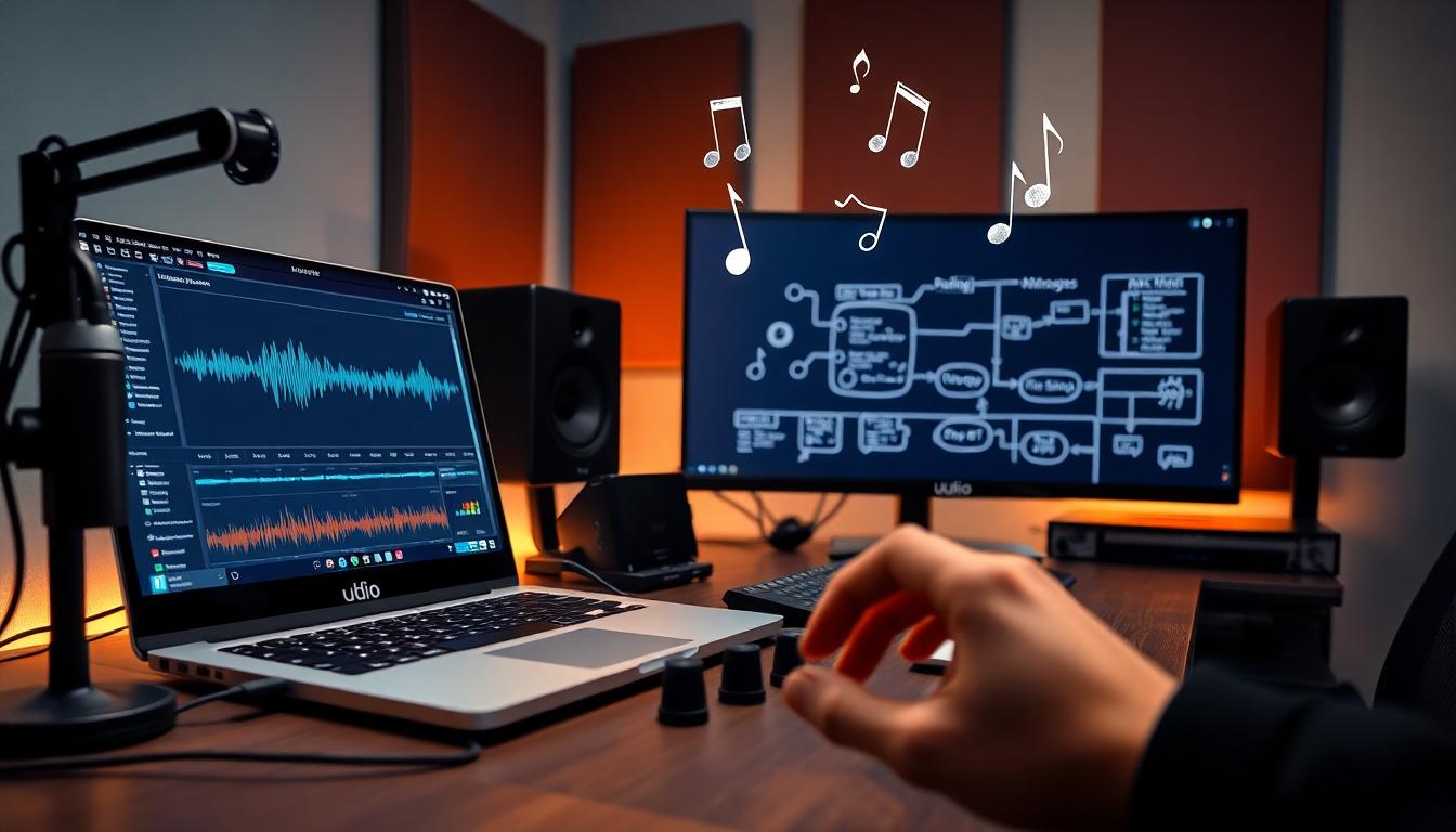 Photorealistic image of a modern content creator desk showing a laptop with UI panels labeled 'Udio' and 'Suno', a microphone, headphones, waveforms on screen, warm studio lighting, clean cables, a sketch of musical notes floating in the air, a second monitor showing simple flowcharts of AI music generation. Foreground shows a hand interacting with a control knob. Background features acoustic panels and a soft blue wall. Mood: focused and creative. Image created with AI.