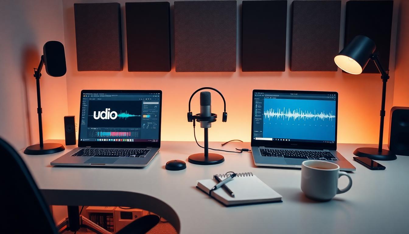 Photorealistic image of a modern content creator desk with two laptops side by side showing Udio and Suno interfaces on the screens, a microphone, headphones, and waveform visuals. The desk is clean with warm studio lighting, acoustic panels in the background, a notebook with notes, and a cup of coffee. Mood: focused and productive. Image created with AI.