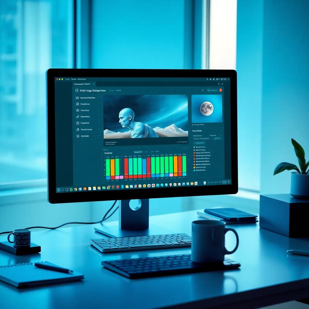 Photo-realistic modern creative workspace with desktop showing abstract AI image editing dashboard. Daylight, clean setup. Image created with AI.