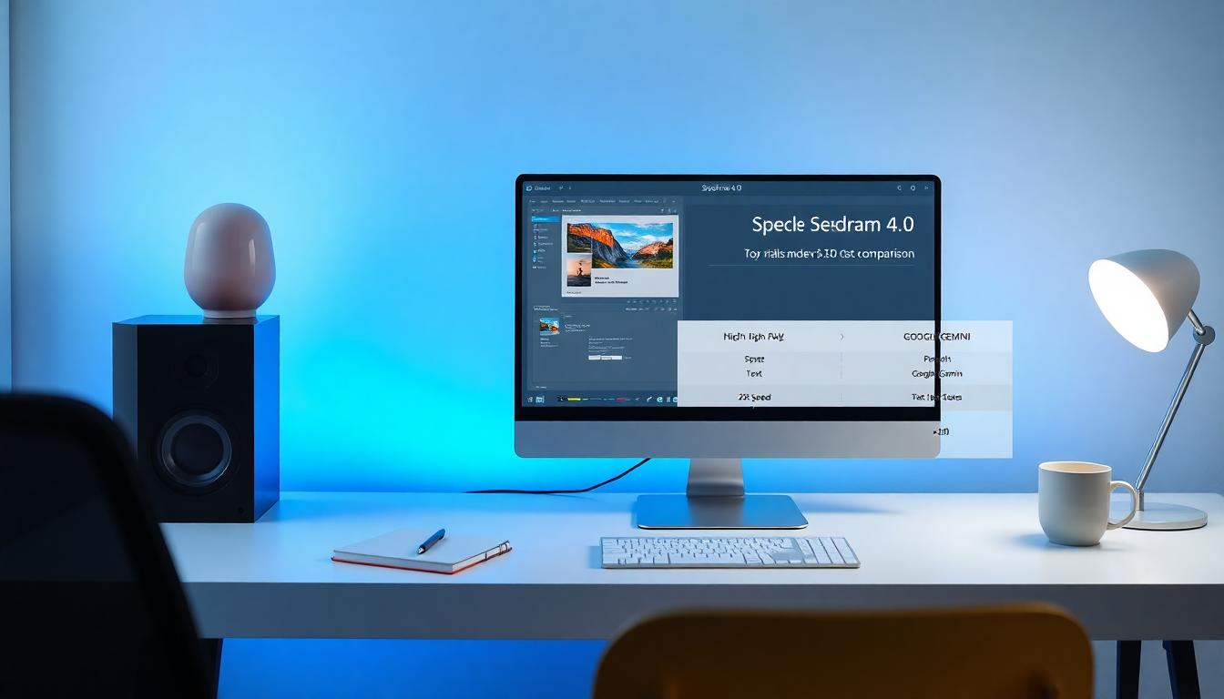 Realistic photo of a modern creative workspace featuring Seedream 4.0's interface side-by-side with comparison charts against Nano Banana and Google Gemini competitors. Ambient, confident vibe. Image created with AI.