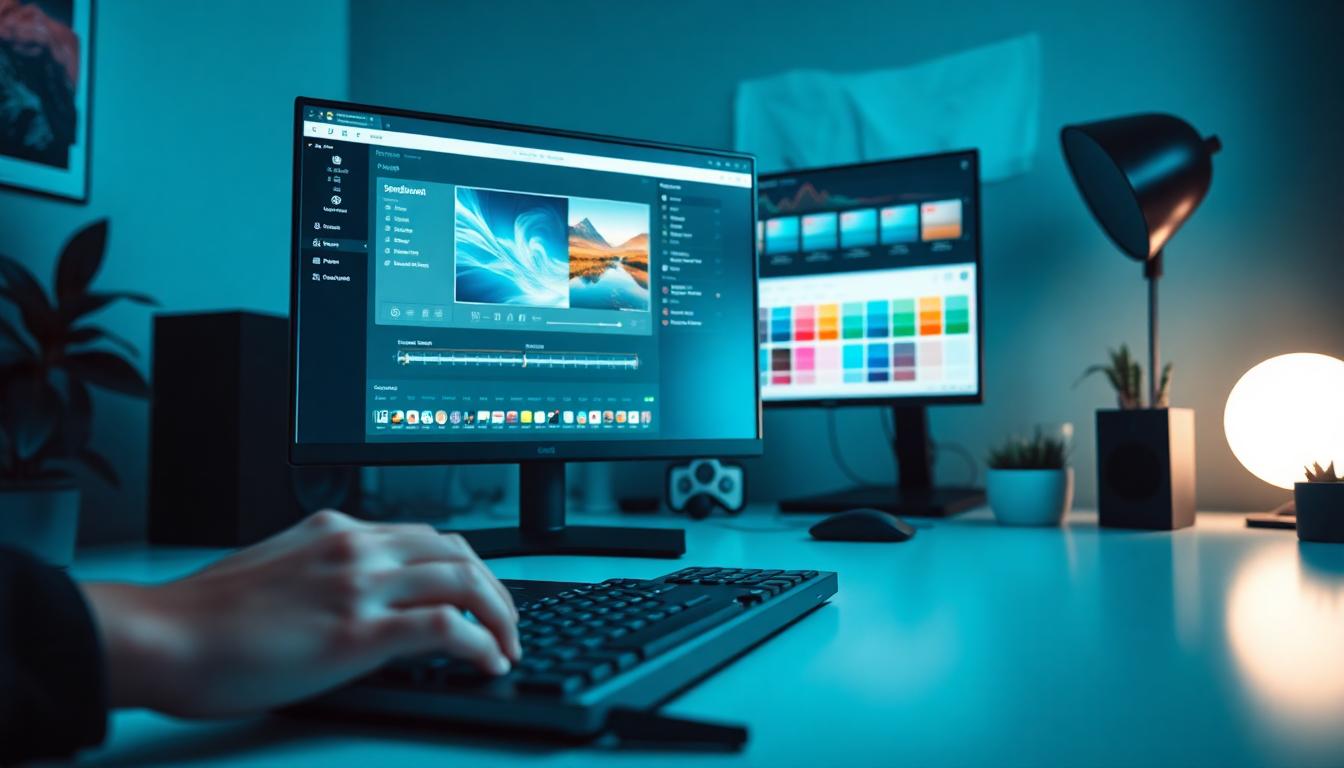 Modern creative workstation showing Seedream 4.0 interface in use, with a designer's hands on a keyboard, 4K settings visible, and a productive studio vibe. Image created with AI.