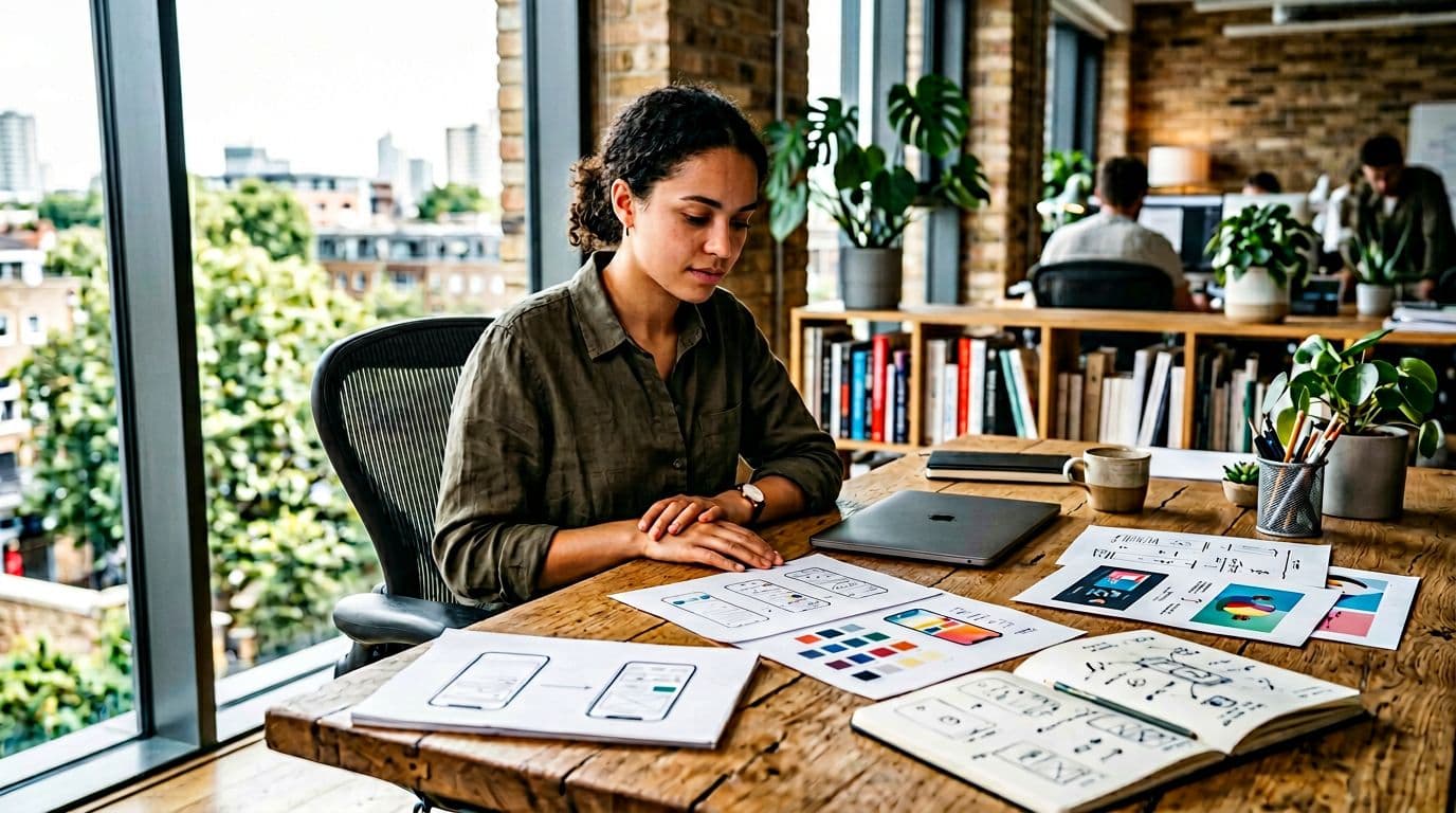 Photorealistic modern office with one designer at a wooden desk, hands resting naturally, surrounded by printed product mockups and sketches, closed laptop, soft natural light from large window, organized environment.