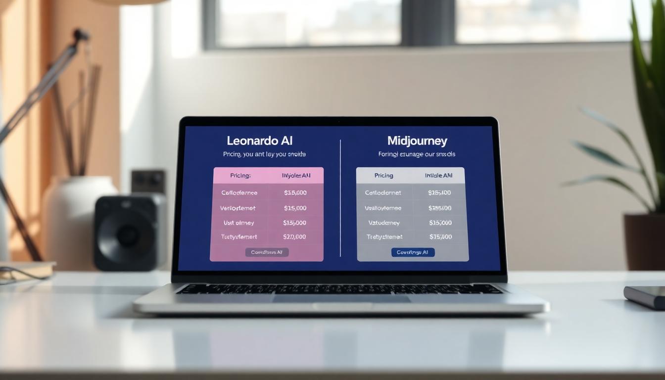 Photorealistic scene of a clean, modern desk with a laptop showing side-by-side pricing comparison cards for Leonardo AI and Midjourney. Soft daylight, minimal clutter, professional studio vibe to convey pricing plans and value. Foreground clear, background neutral.