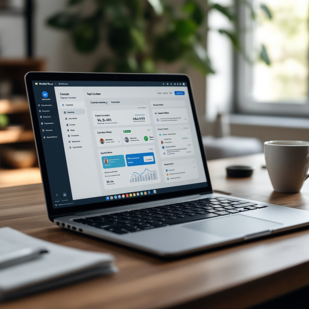 A tidy modern desk with a laptop showing MarketMuse topic clusters, content inventory dashboard, and AI-assisted briefs on screen. Clean minimalist setup that communicates digital workflow focus. Image created with AI.