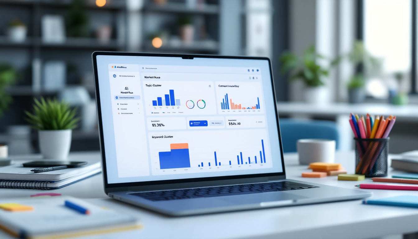 A modern, tidy workspace featuring a laptop with AI-powered topic cluster charts, perfect for reviewing MarketMuse’s analytics tools. Image created with AI.