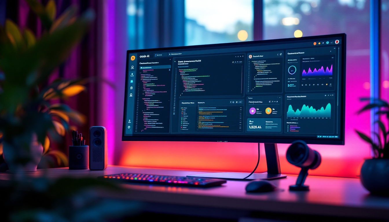 A modern developer workspace with a large display showing a Qodo AI code review dashboard, surrounded by coding tools and a clean setup. Image created with AI.