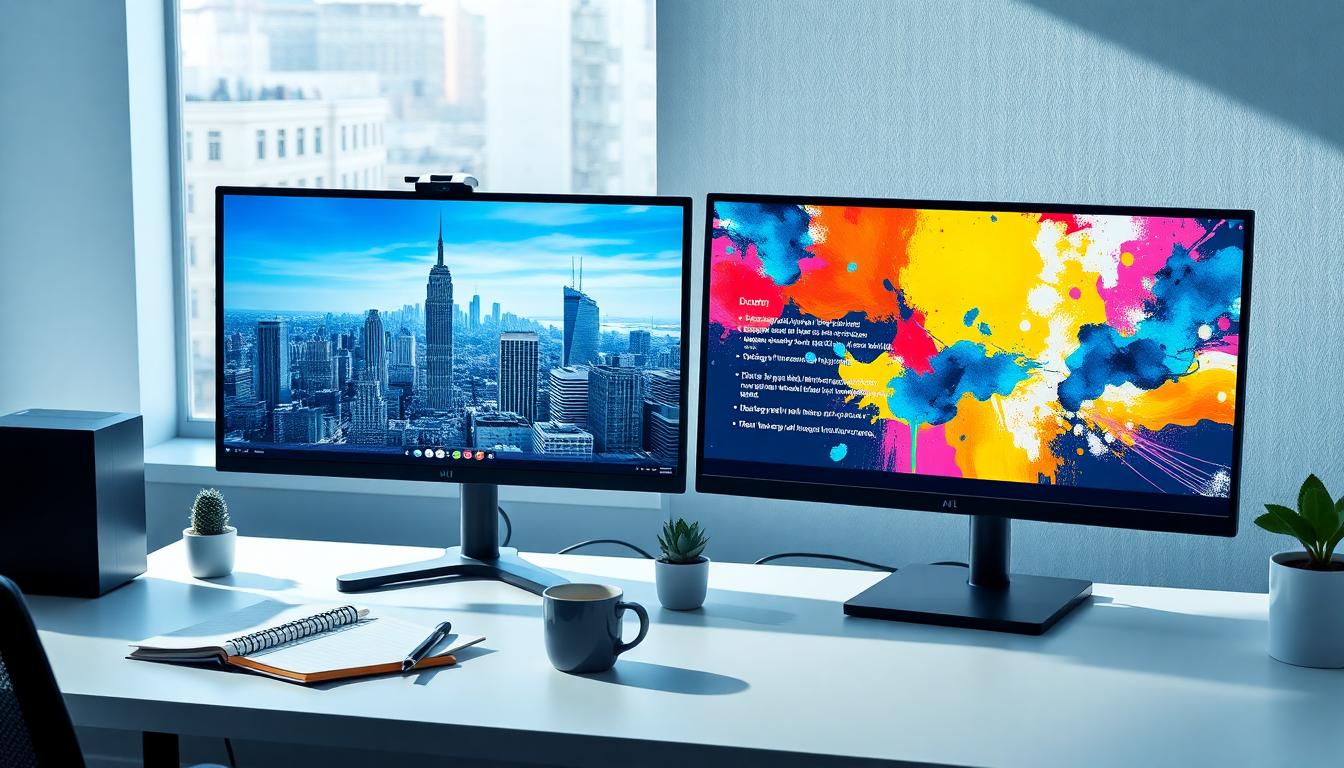 Photorealistic image of a modern workspace with two monitors side by side: one showing Leonardo AI generating a cityscape, and the other showing Midjourney with a vibrant abstract piece. Clean desk environment, natural daylight. Image generated by AI.