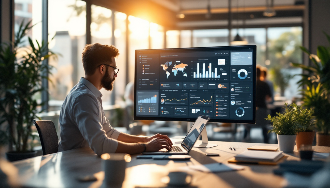 A marketing team collaborating and reviewing an AI-powered operations dashboard in HubSpot Breeze. The dashboard shows productivity stats and AI agents at work. Image created with AI.