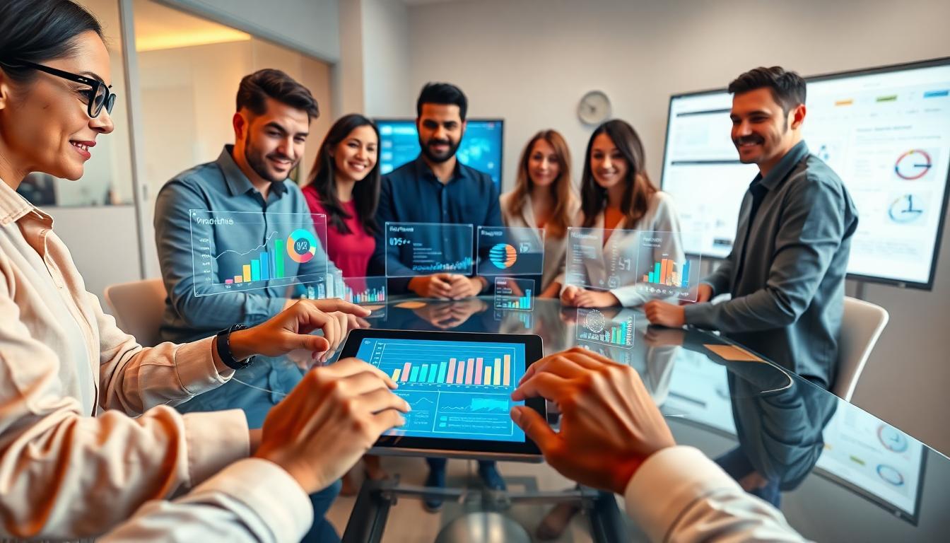 Photorealistic image of a modern marketing team collaborating around dashboards visualizing AI-powered A/B test results, bright holographic charts, hands-on tablets and screens, lively and inviting. Image created with AI.