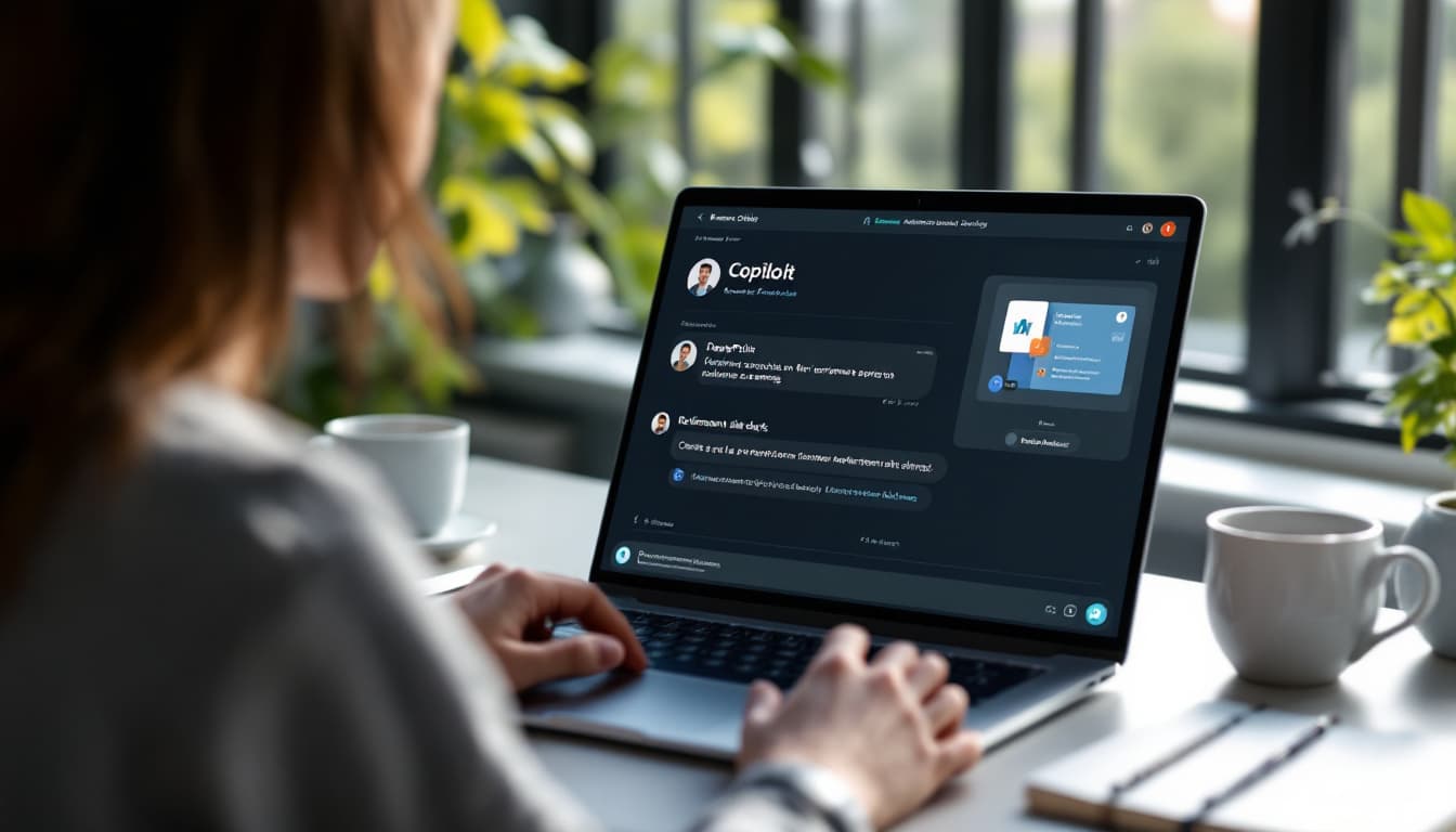 Laptop showing Copilot chat creating a retirement savings slide deck, with notes and coffee on a clean desk. Image created with AI