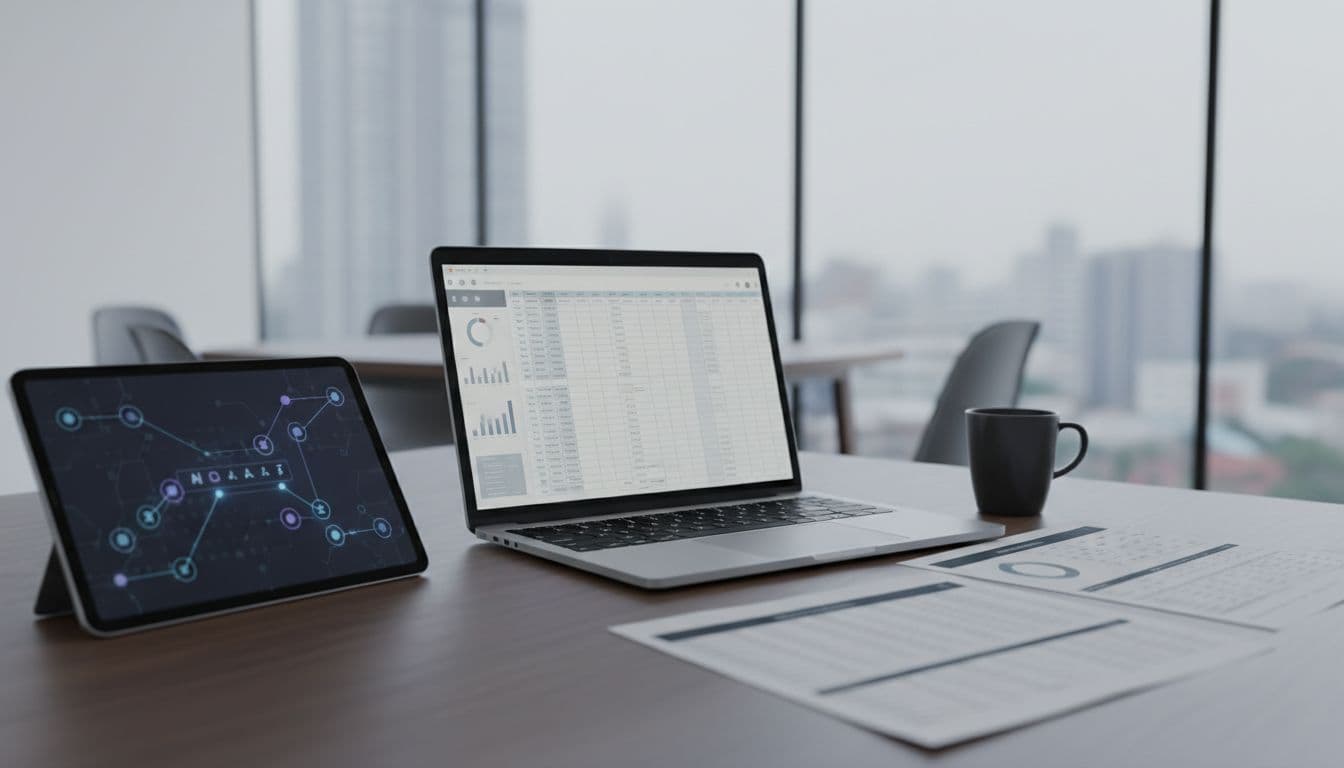 Photo-realistic wide-angle view of a modern office desk with a central laptop displaying abstract spreadsheet grids and charts, a nearby tablet, scattered printed financial model pages, and a coffee mug, featuring subtle AI network overlay under natural lighting.