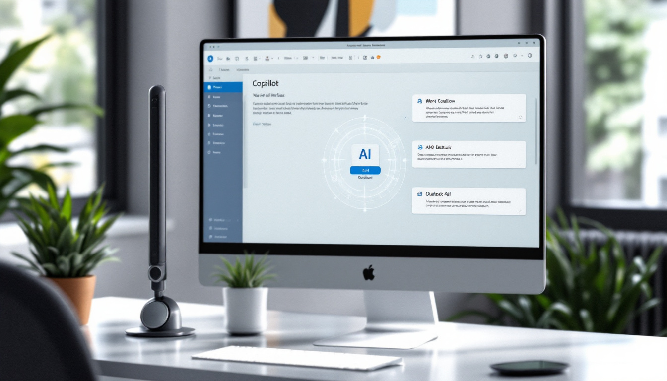 A modern office desk with a computer screen showing Microsoft Copilot AI interfaces integrated into Word and Outlook, with subtle holographic AI icons, clean glass desk, natural daylight. Image generated by AI.