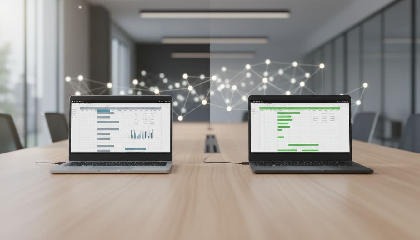 Photo-realistic split-scene workstation in a modern office with two laptops: left screen showing abstract Excel-like grid with neutral charts, right screen with abstract Google Sheets-like grid, subtle glowing AI nodes in background, natural lighting, high-detail professional mood.