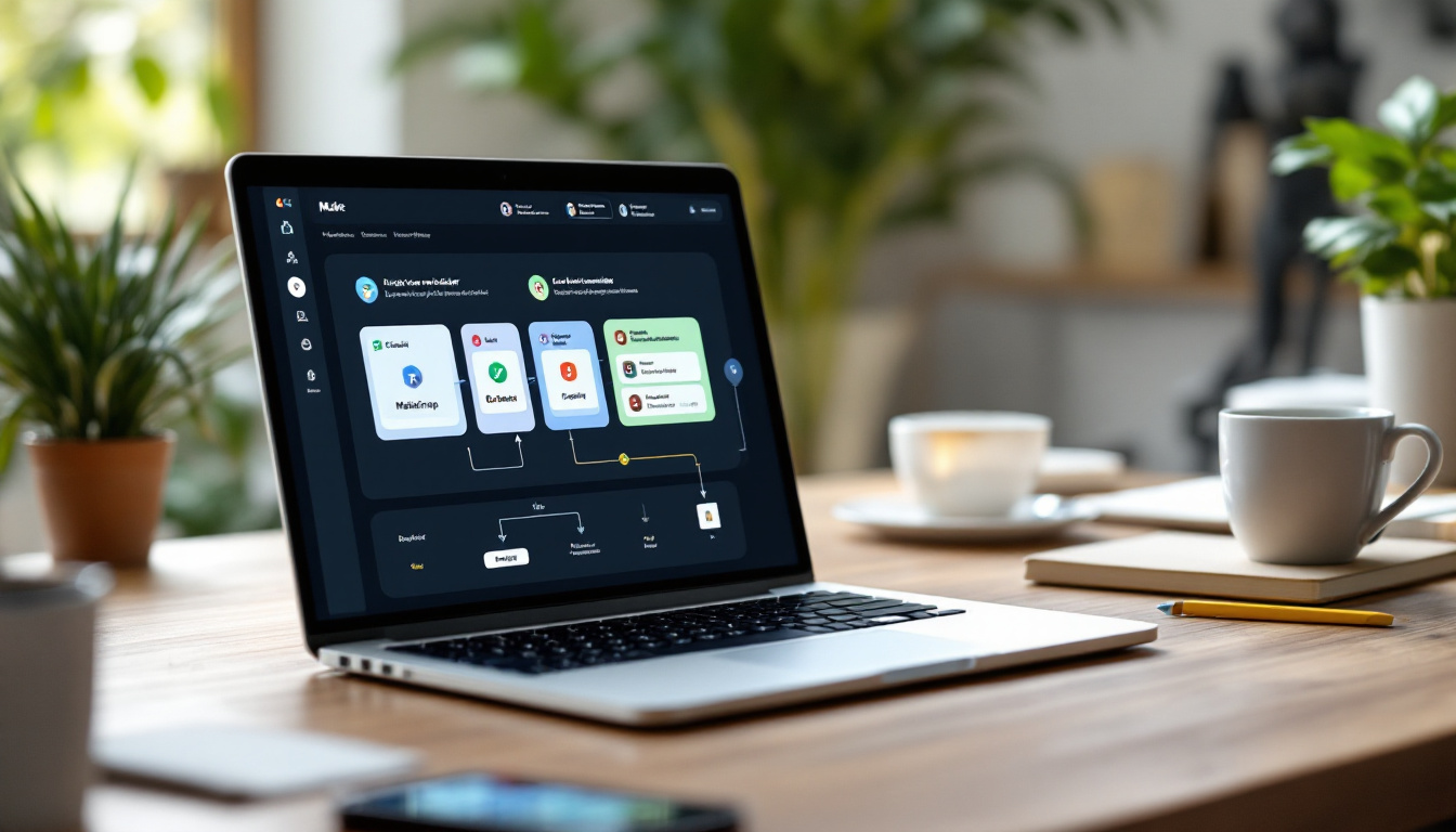 Photo-realistic scene of a modern office desk with a laptop showing a visual no-code workflow builder connecting AI chat tools and marketing platforms.