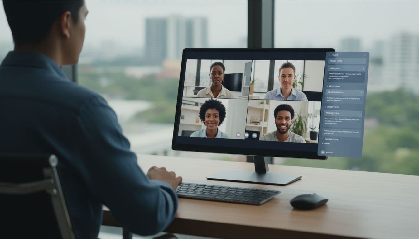 Photo-realistic image of a diverse professional in a modern remote-work office at a desk facing a laptop displaying a Zoom team video meeting, with a subtle AI note panel showing transcription highlights and summary cues.