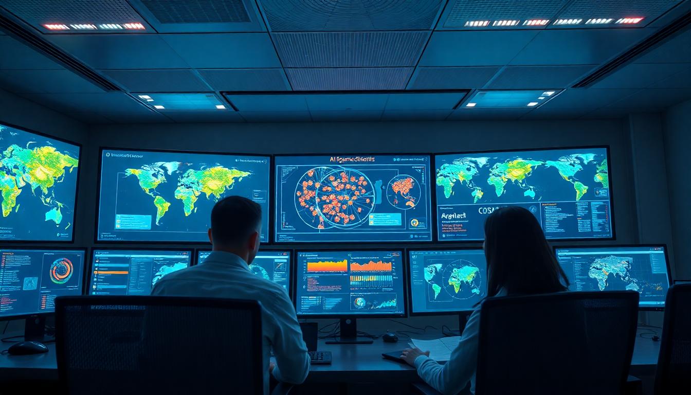 A realistic photo of a modern security operations center with analysts monitoring AI-driven threat maps and dashboards. Image created with AI.