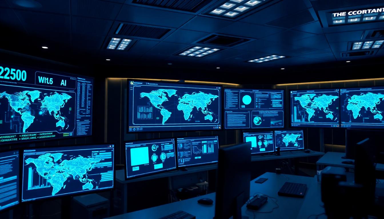A realistic photo of a modern security operations center featuring analysts monitoring Darktrace-style AI threat dashboards, with glowing blue and teal visuals. Image created with AI.