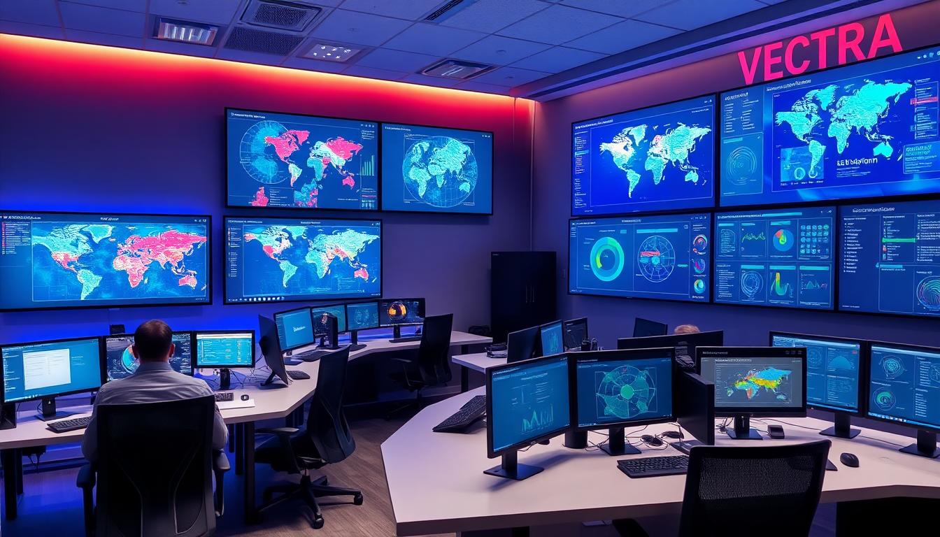 Security analysts monitoring Vectra AI dashboards and network anomaly alerts in a modern cyber operations center — Image created with AI