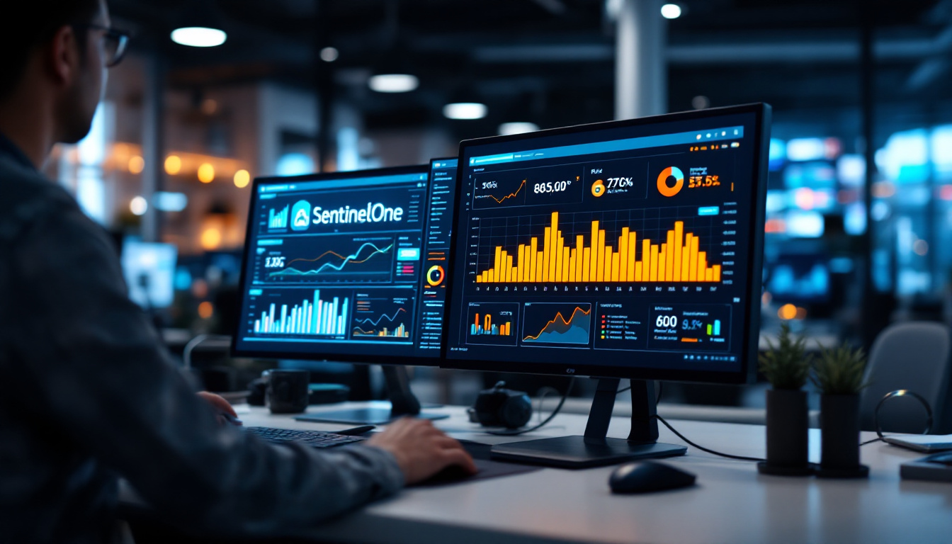 A modern security operations office with analysts reviewing SentinelOne dashboards, pricing charts, and ROI figures on multiple monitors. The scene is realistic and visually clean, styled for business use. Image created with AI.