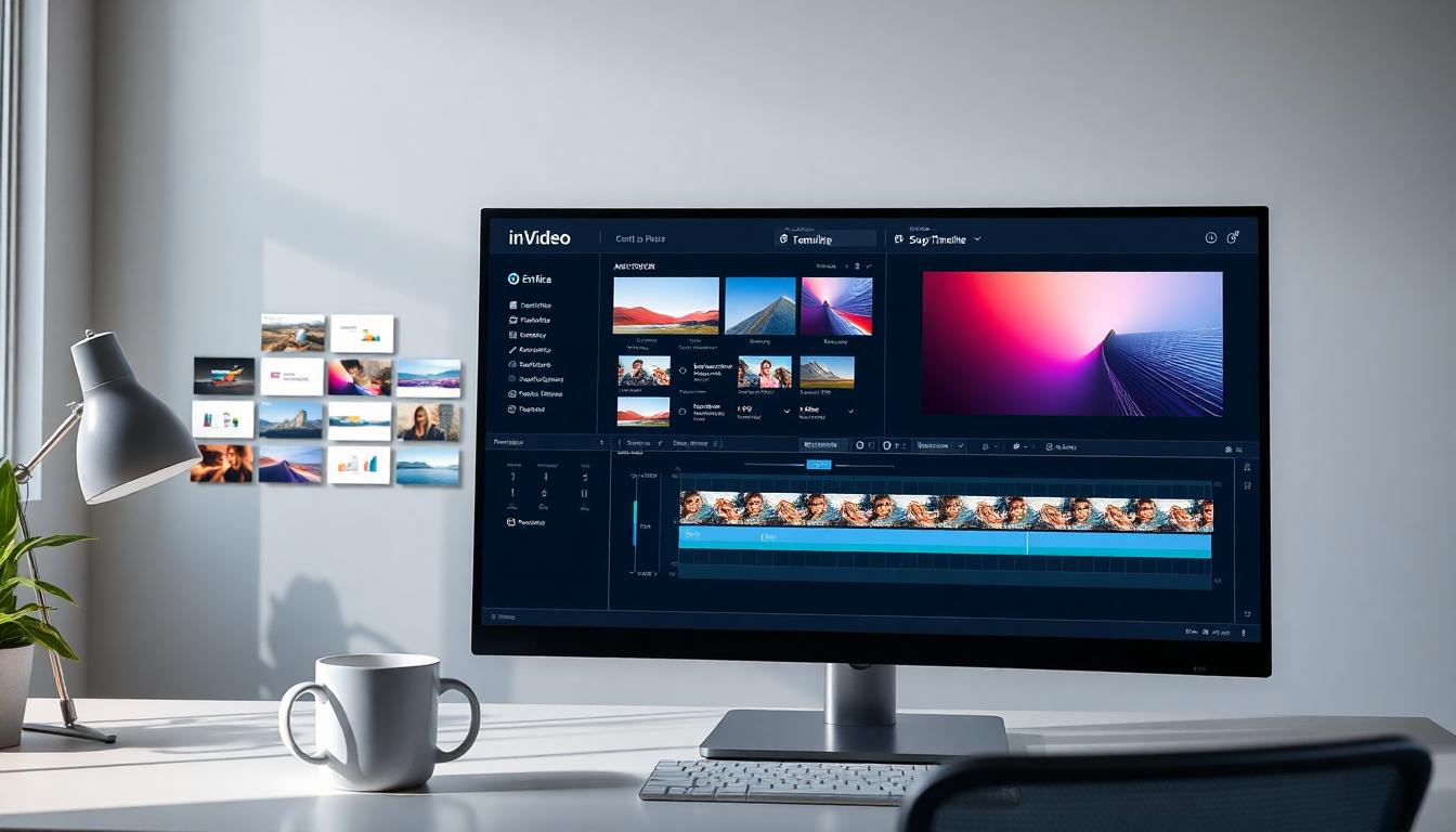 A modern video editing workspace with the InVideo dashboard on a widescreen display, showing a grid of video templates, a script editor, and a drag-and-drop timeline. Natural lighting and a productive, creative mood. Image created with AI.
