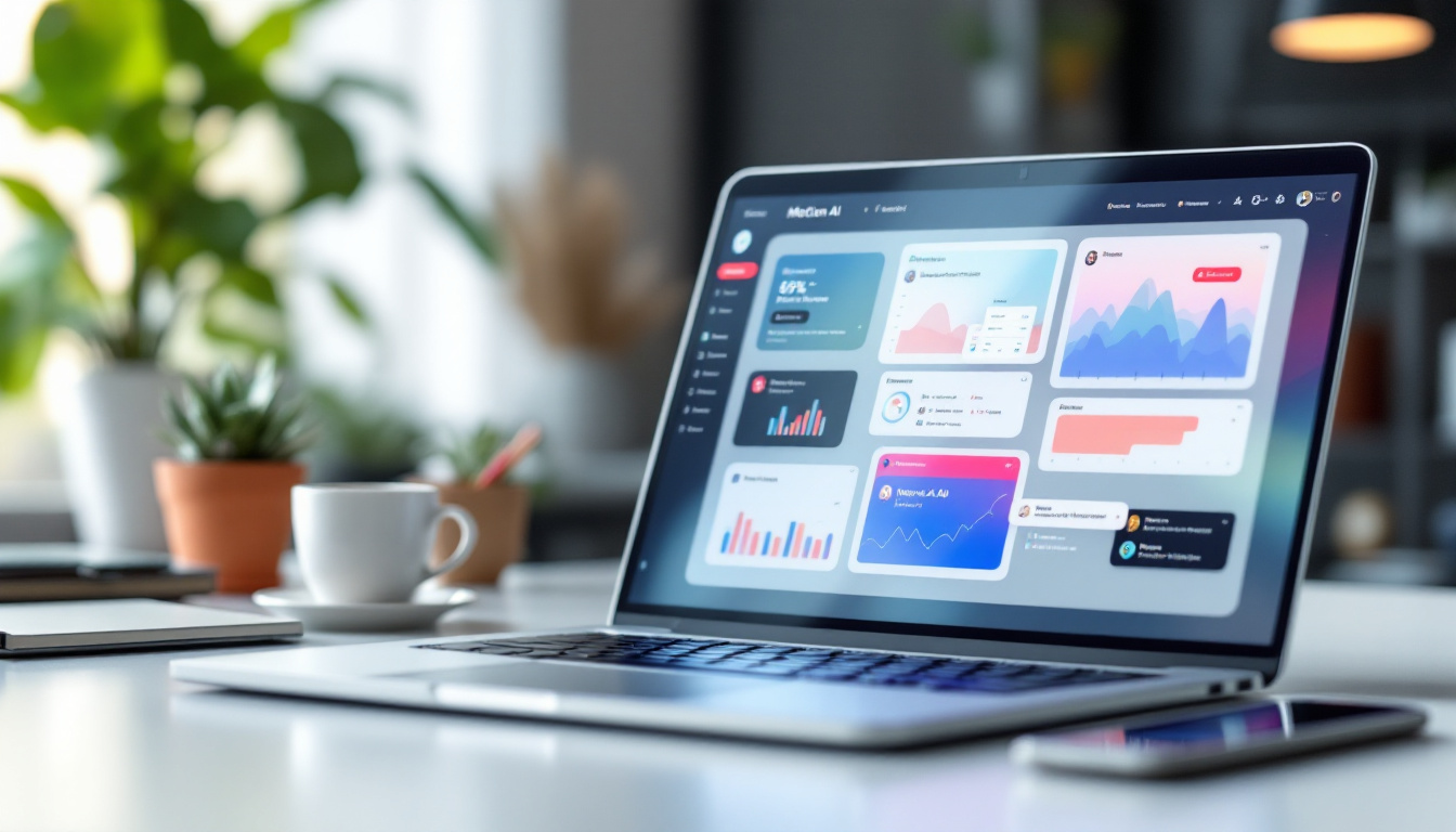 A modern workspace showing a laptop screen with Motion AI dashboards and AI assistants in action. Image created with AI.