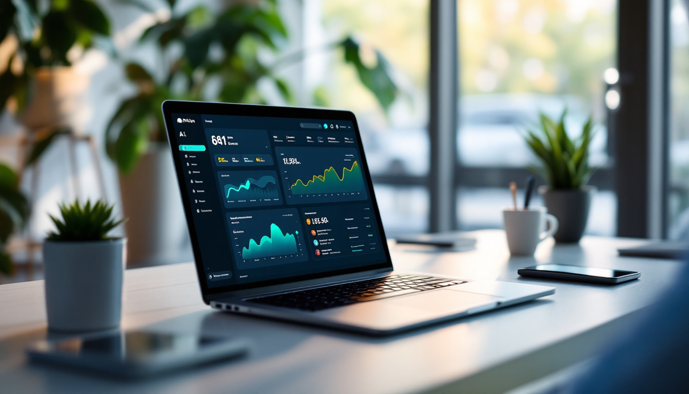 A sleek workspace with a laptop displaying Motion AI dashboards, AI assistants, and clear visualization of productivity tools. Image created with AI.