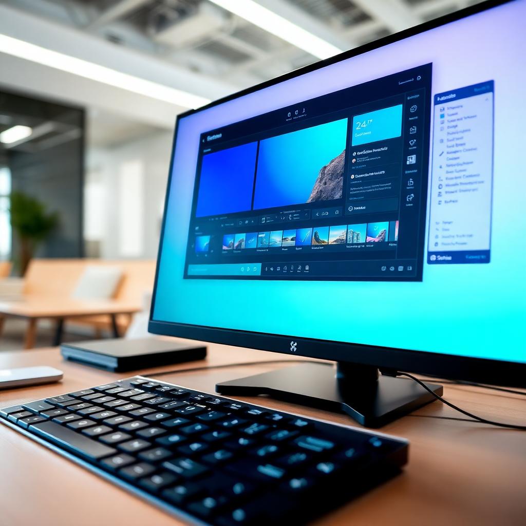 A modern workspace showing the Seedream 4.0 interface, open on a computer with editing panels visible and soft blue-teal tones. The setting highlights focus and productivity for creators. Image generated by AI.