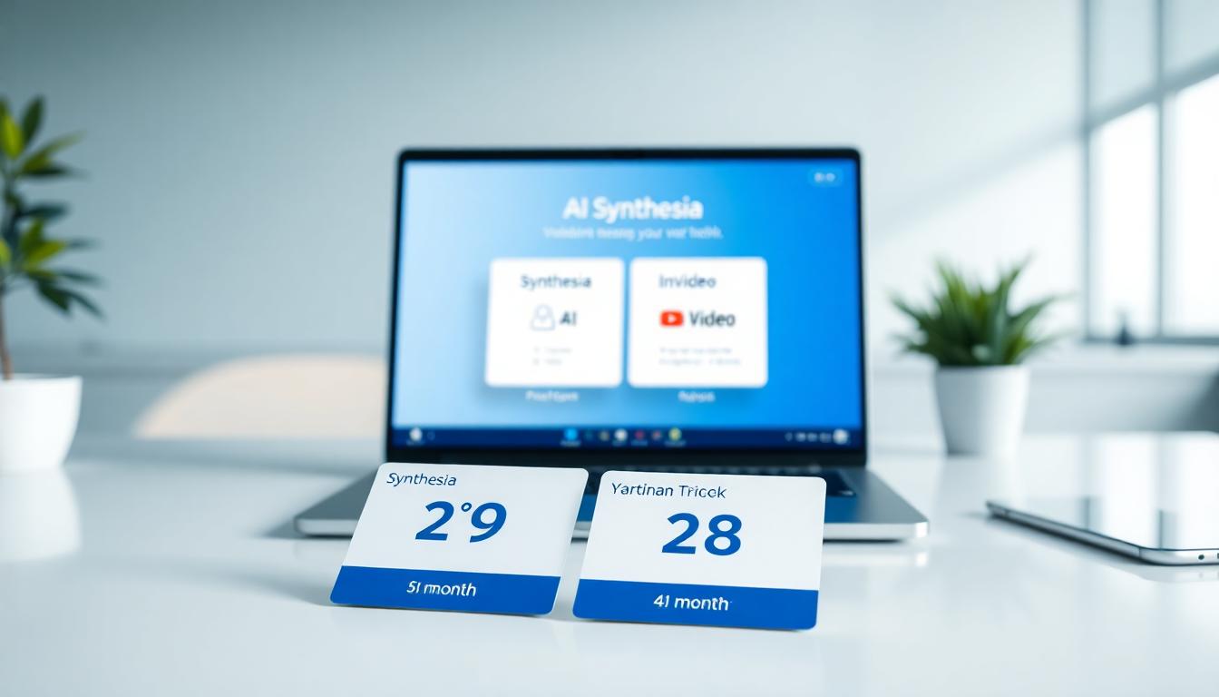 Modern workspace with price cards labeled $29/month and $28/month, Synthesia vs InVideo comparison on a laptop, photorealistic, clean blue and white palette. Image created with AI.