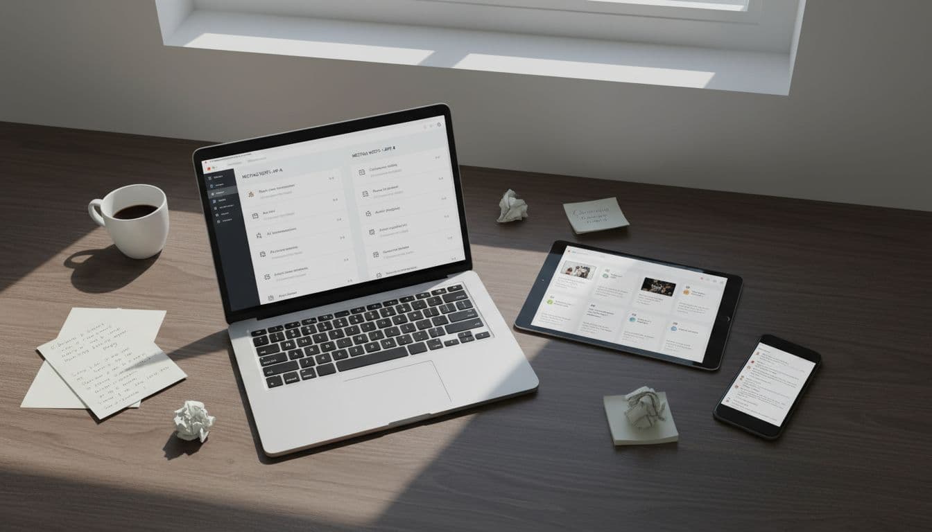 Photo-realistic top-down angled view of a modern productivity workspace desk with laptop showing meeting notes comparison interface, tablet displaying summaries, smartphone, scattered notes, and coffee cup under natural overhead lighting.