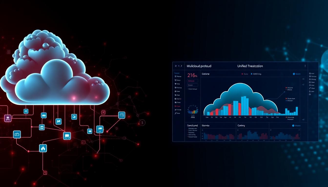 Photorealistic montage of multicloud environments with IoT devices and a unified threat dashboard, showing Darktrace cloud protection on one side and CrowdStrike Falcon XDR cloud integration on the other, crisp visuals and data flow, high detail. Image created with AI.