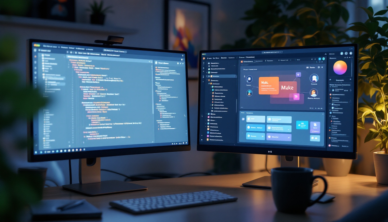 Dual-screen setup showing n8n’s node editor on the left and Make’s visual builder on the right, in a modern workspace.