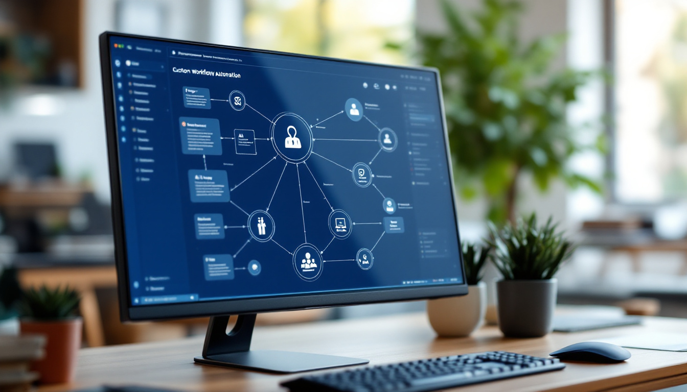 Photo-realistic scene of a modern desk with a monitor showing an automation workflow with interconnected nodes, triggers, and AI services, in a clean workspace.