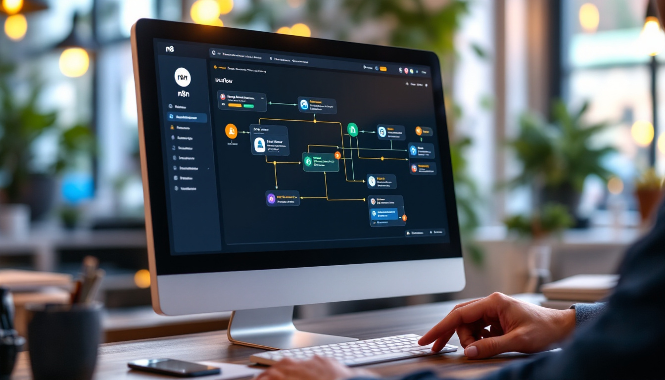 Photo-realistic screen showing an n8n workflow canvas with nodes for Google Workspace, an AI chatbot, and HTTP API calls connected in a clean automation flow