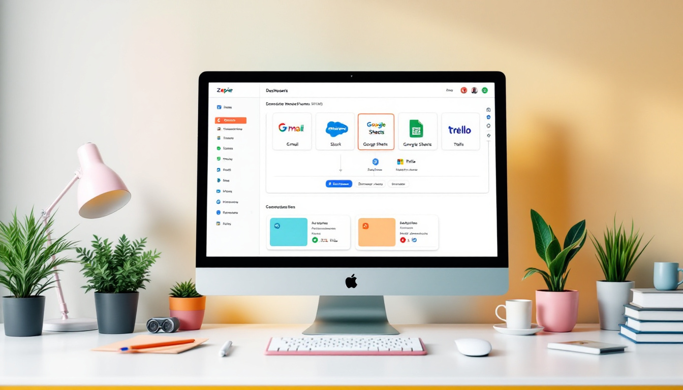 A modern workspace showing a no-code automation dashboard with popular app integrations, representing Zapier’s visual workflow capabilities. Image created with AI.