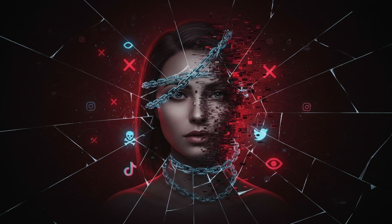 Abstract illustration of a woman's face morphing into a glitchy distortion with digital chains and warning symbols, highlighting non-consensual deepfake dangers amid a dark digital void with social media icons.