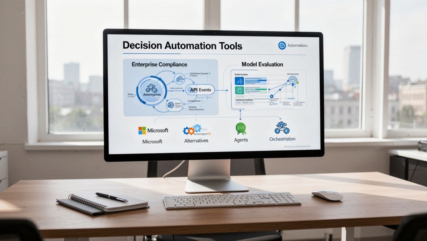 Photorealistic office desk featuring a large monitor displaying decision charts for choosing automation tools, icons for enterprise compliance, API events, model evaluation, alternatives like Microsoft, agents, and orchestration, with a notebook and pen nearby under bright window light. Exactly one monitor, no people, no visible text, no watermarks.