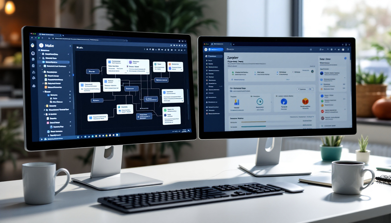 Dual screens showing Make’s visual logic and Zapier’s linear zaps