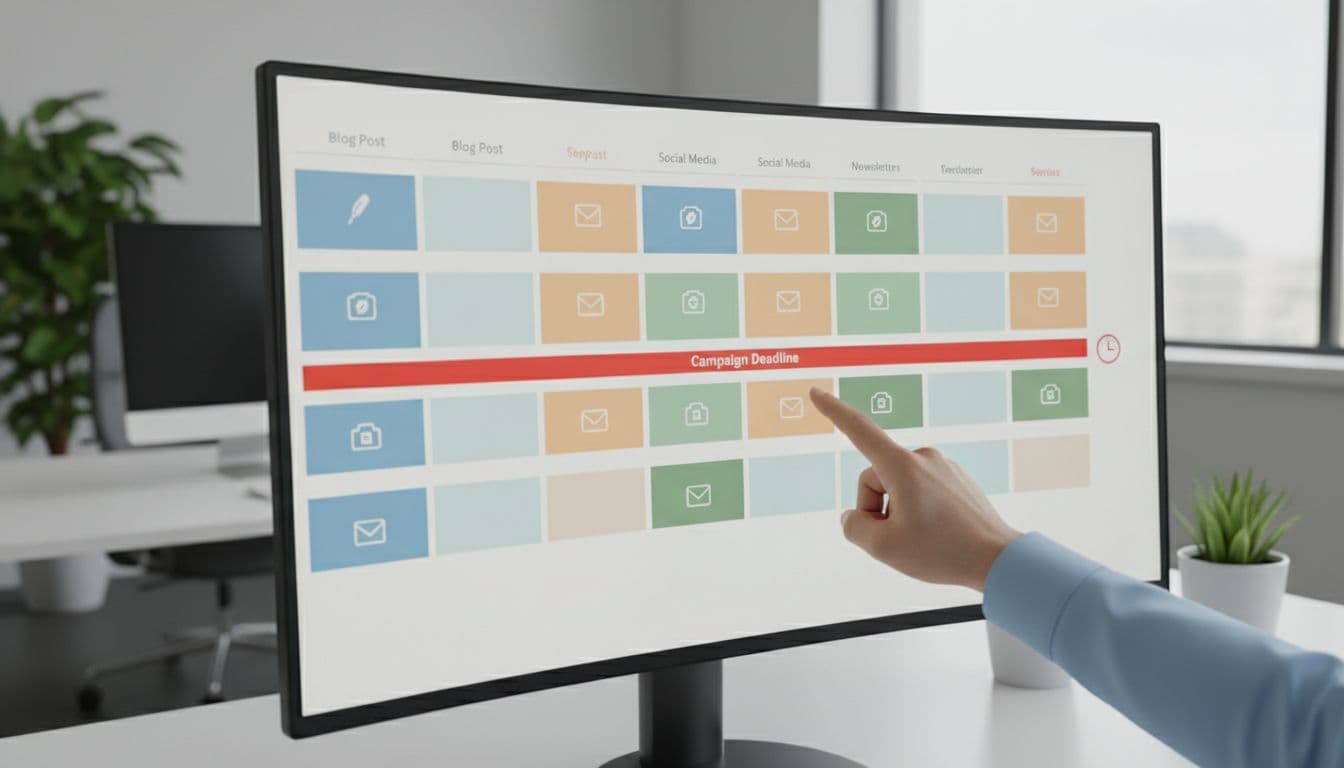 A highly organized, digital marketing content calendar displayed on a large monitor, creating a calm and efficient workspace