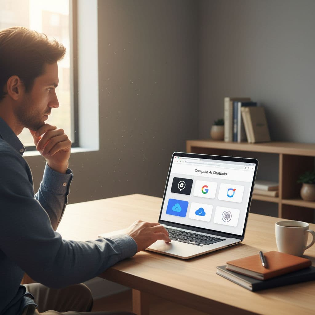 Person at a desk comparing AI chatbot interfaces on a laptop with multiple tabs open.
