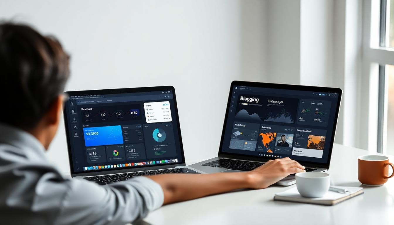Photorealistic image of a person at a modern desk comparing two laptop dashboards for AI tools, with notes and coffee nearby.
