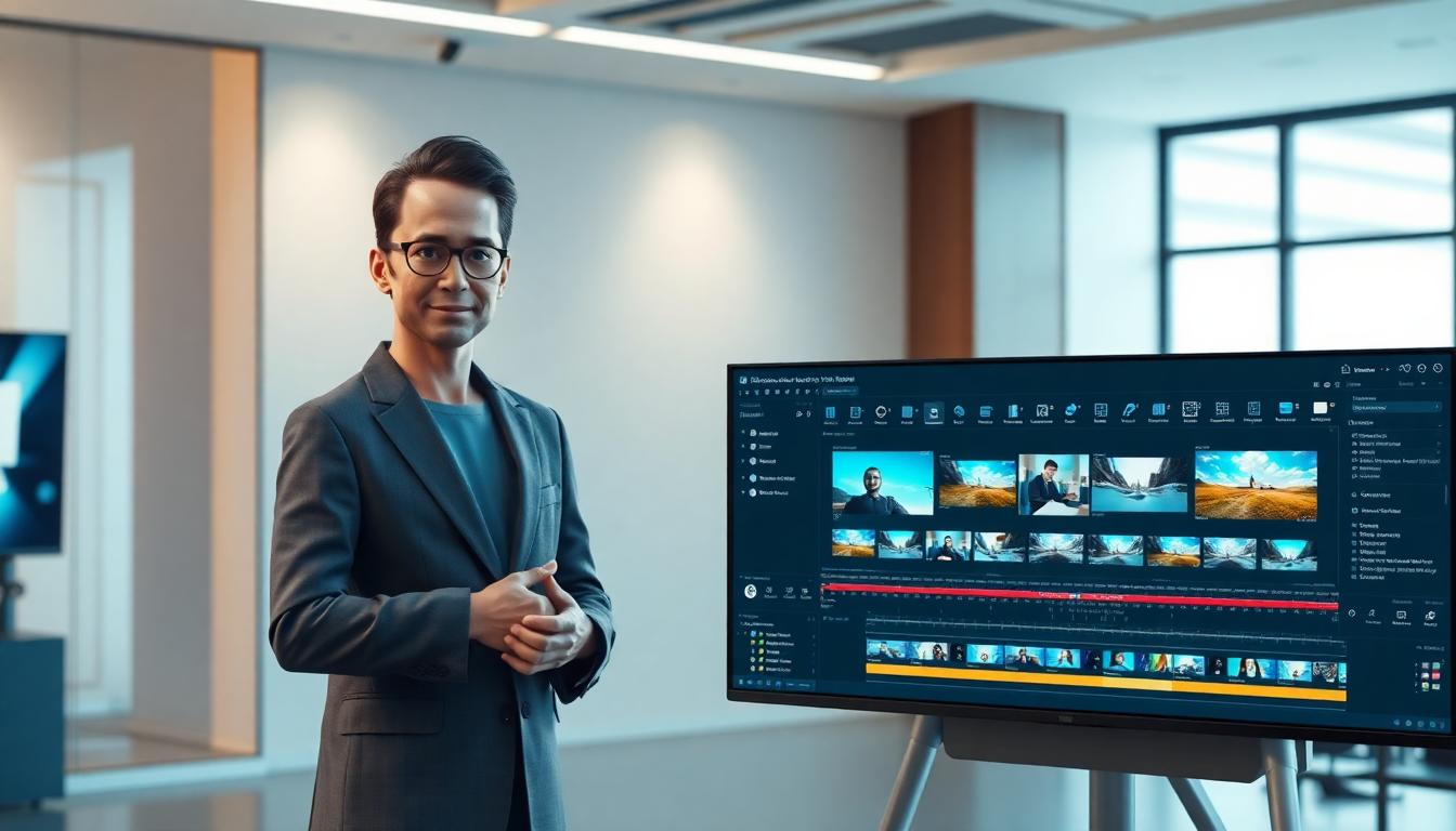 Photorealistic split-screen: a corporate AI avatar studio on the left and a busy video editing workspace on the right, clean modern office, high detail. Image created with AI.