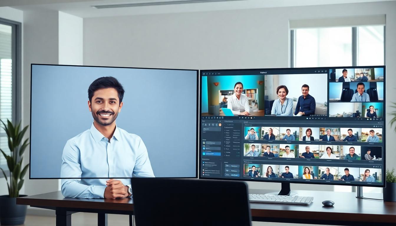 Photorealistic split-screen showing a presenter avatar on the left and a powerful video editing dashboard on the right, modern office, AI avatars, high detail