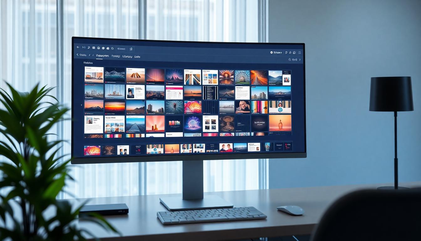 Photorealistic montage of template library, drag-and-drop editing on a large monitor with colorful thumbnails