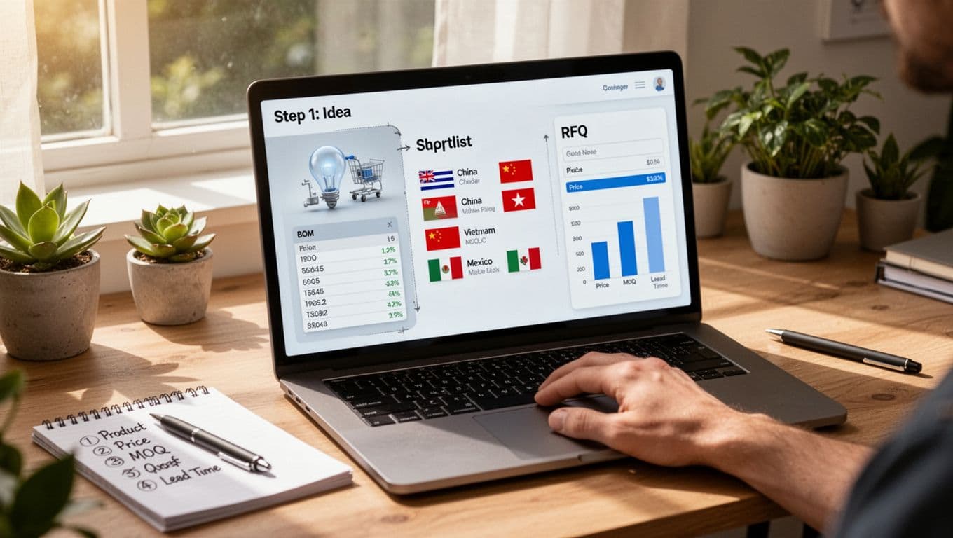 Photorealistic image of a laptop screen displaying a procurement workflow divided into steps: product idea to 3D render and BOM, supplier shortlist from China, Vietnam, Mexico, and RFQ quote comparison, set in a bright home office with sunlight and desk elements.