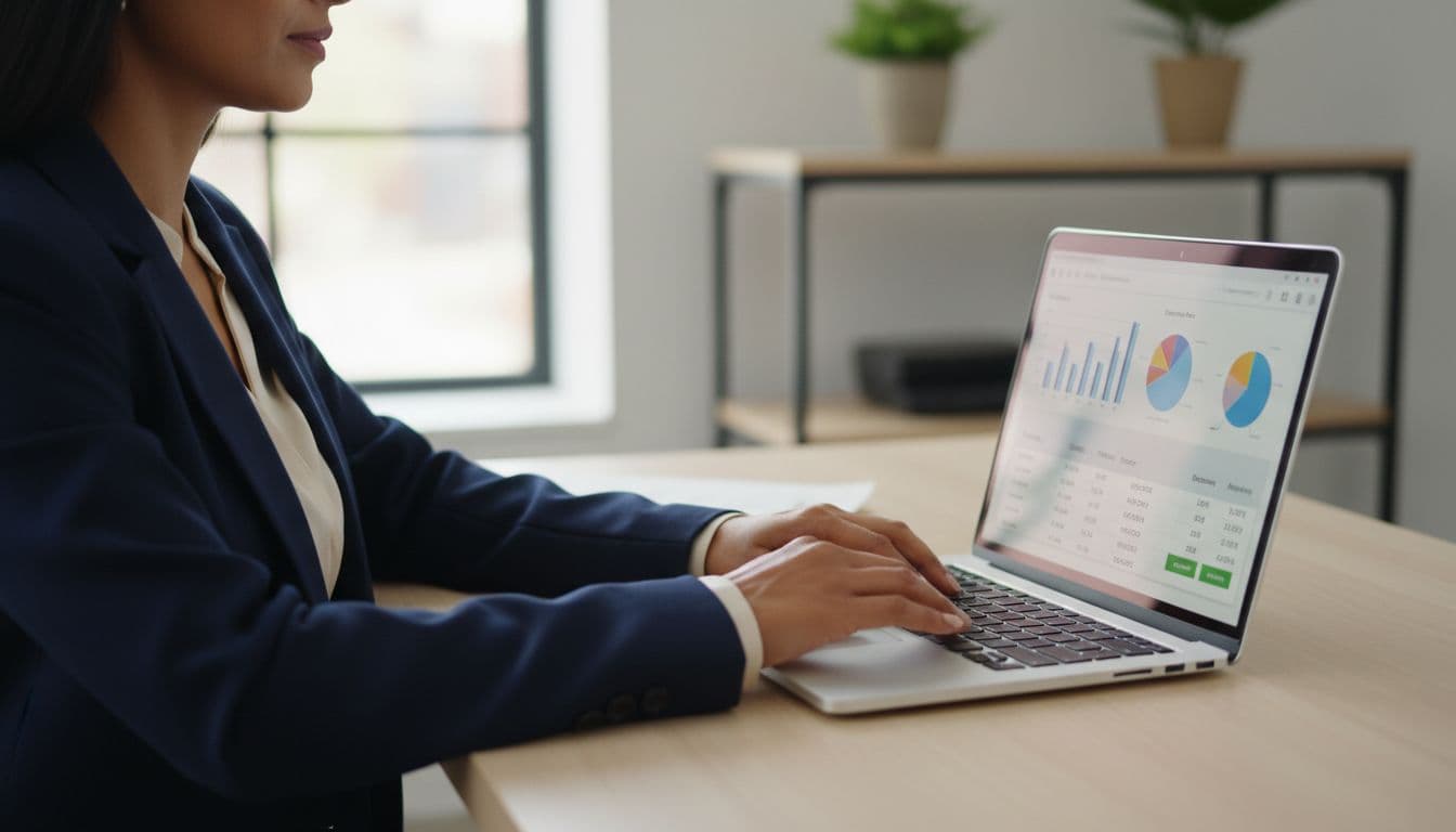 Photo-realistic image of a diverse professional accountant in a small-business office, seated at a modern desk reviewing invoices on a laptop with a generic accounting dashboard visible, natural daylight, shallow depth of field on hands and screen.