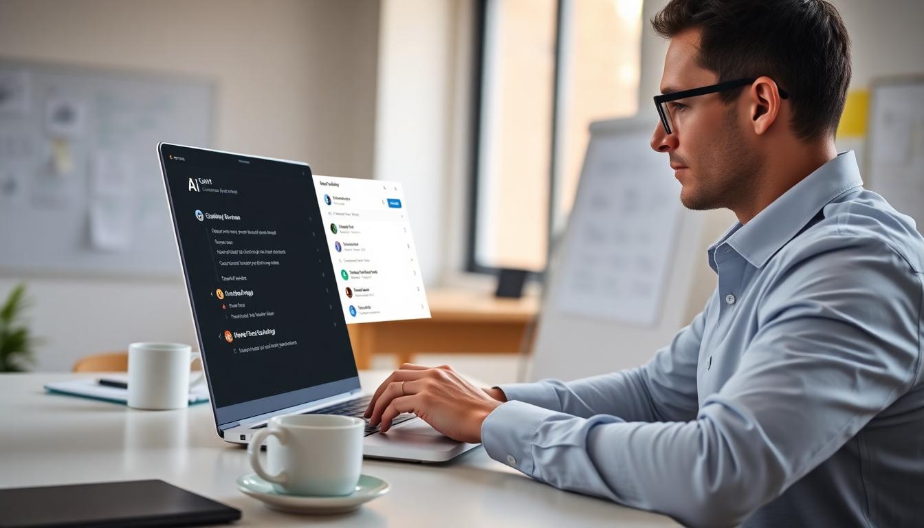 Focused professional using Comet Browser with an AI sidebar summarizing email and calendar, organized workspaces visible on screen