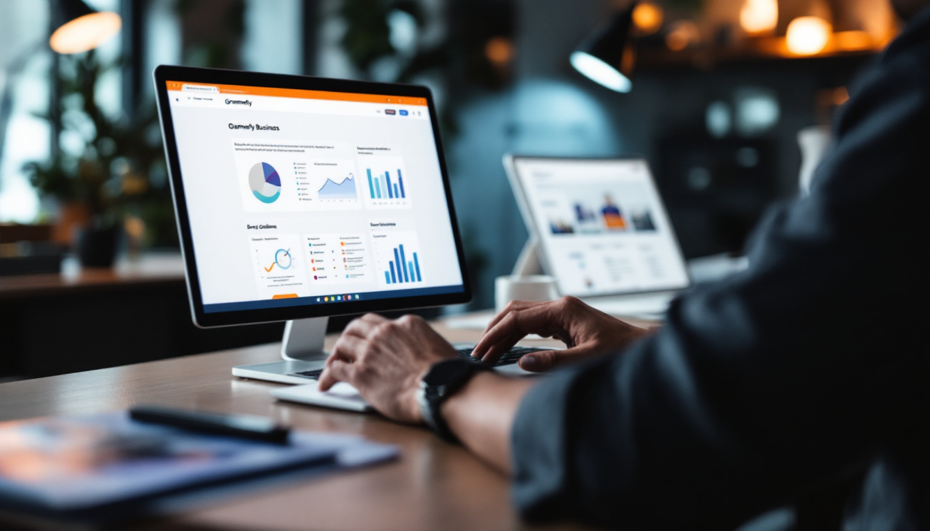 A modern workspace with a laptop displaying Grammarly Business, surrounded by charts and company style guides. Image created with AI.