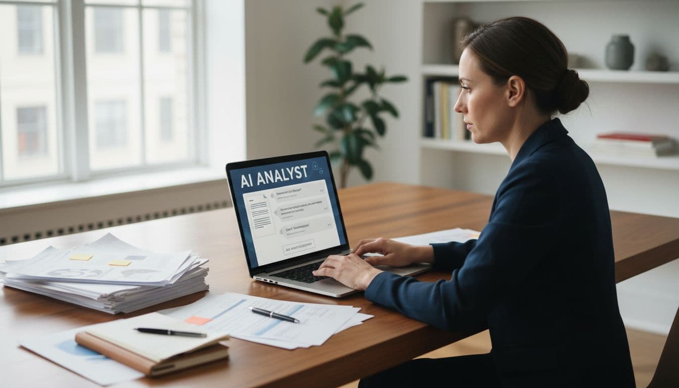 A focused professional researcher works in a modern home office at a wooden desk with a laptop open to an AI PDF chat interface showing document analysis, surrounded by research papers and a notebook, under natural window lighting.