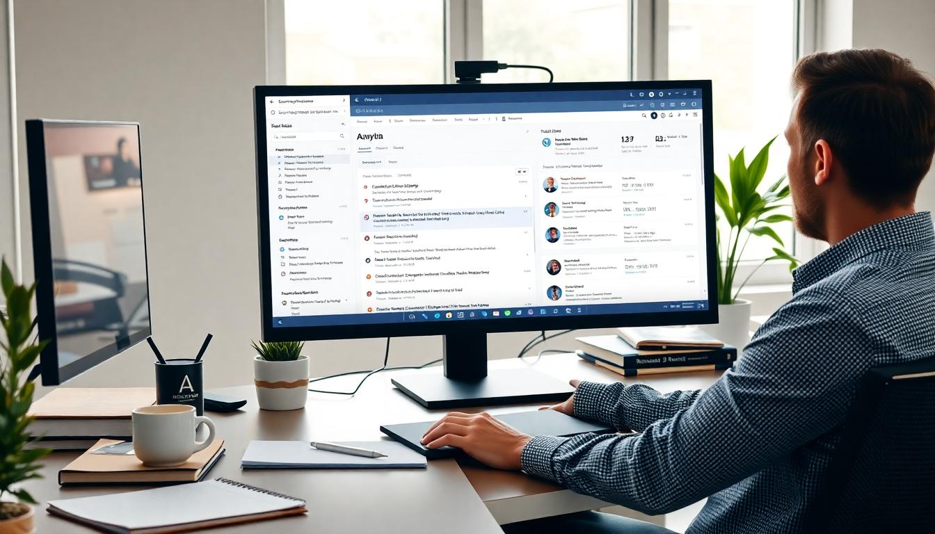 Professional researcher using Comet Browser in a bright office, with an AI sidebar summarizing notes and organized workspaces on screen